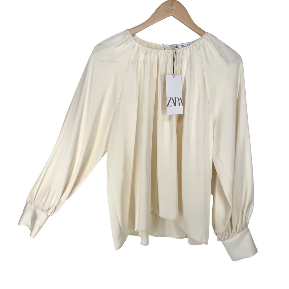 Zara Woman Cream Gathered Neck Bishop Sleeve Satin Blouse Top Size Medium NEW